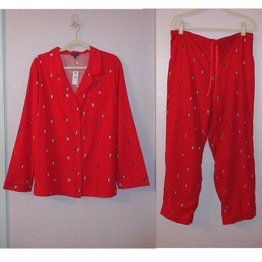 Talbots Cotton Flannel Pajamas Size L Dancing Penguins Top & Pants 2 Piece NEW